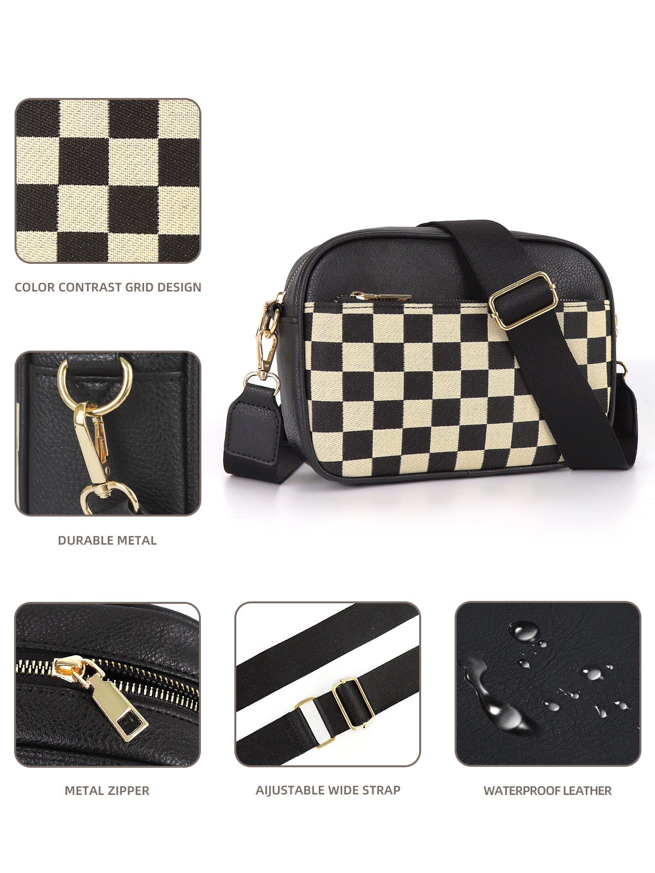 Black Stylish Checkerboard Crossbody Camera Bag - PU Leather with Adjustable Wide Strap - Image 3