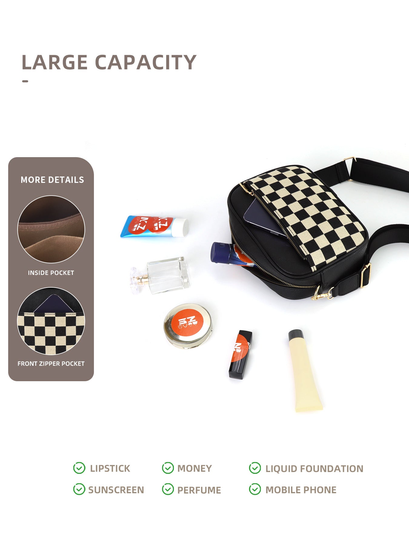 Black Stylish Checkerboard Crossbody Camera Bag - PU Leather with Adjustable Wide Strap - Image 4