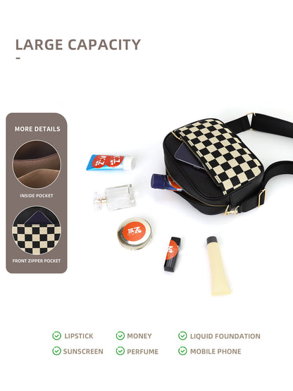 Black Stylish Checkerboard Crossbody Camera Bag - PU Leather with Adjustable Wide Strap - Image 4