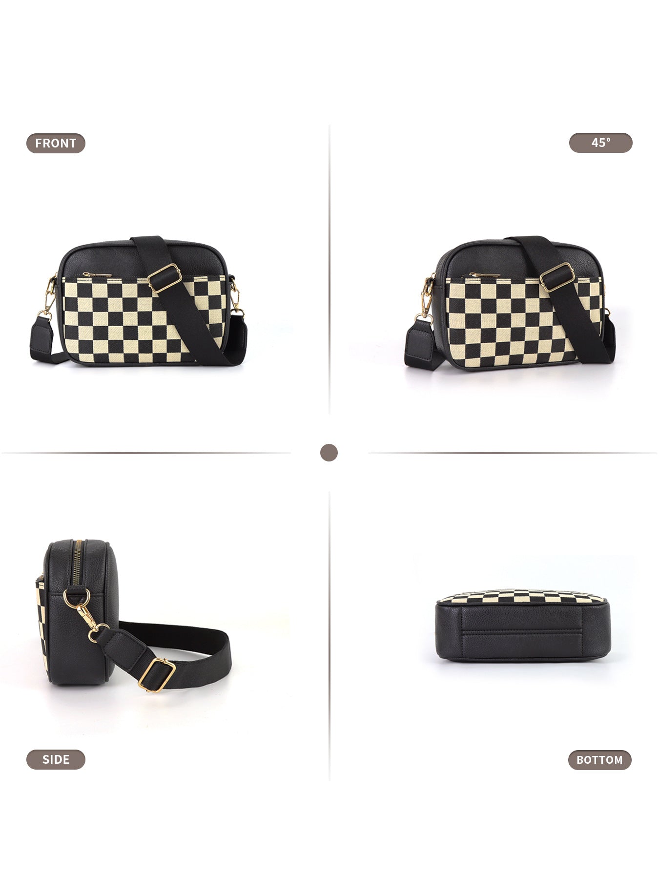 Black Stylish Checkerboard Crossbody Camera Bag - PU Leather with Adjustable Wide Strap - Image 5