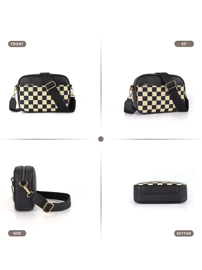 Black Stylish Checkerboard Crossbody Camera Bag - PU Leather with Adjustable Wide Strap - Image 5