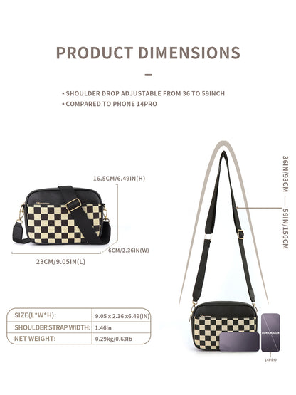 Black Stylish Checkerboard Crossbody Camera Bag - PU Leather with Adjustable Wide Strap - Image 6