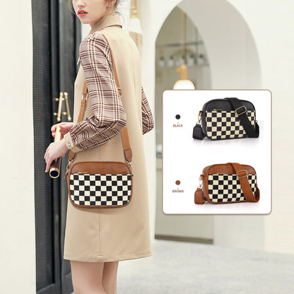 Brown Stylish Checkerboard Crossbody Camera Bag - PU Leather with Adjustable Wide Strap - Image 2