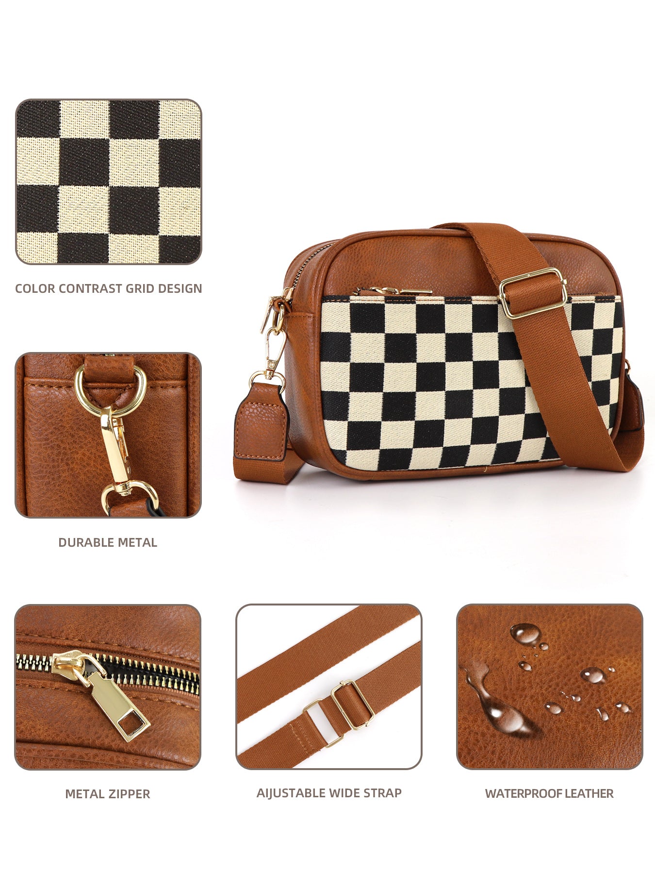 Brown Stylish Checkerboard Crossbody Camera Bag - PU Leather with Adjustable Wide Strap - Image 3