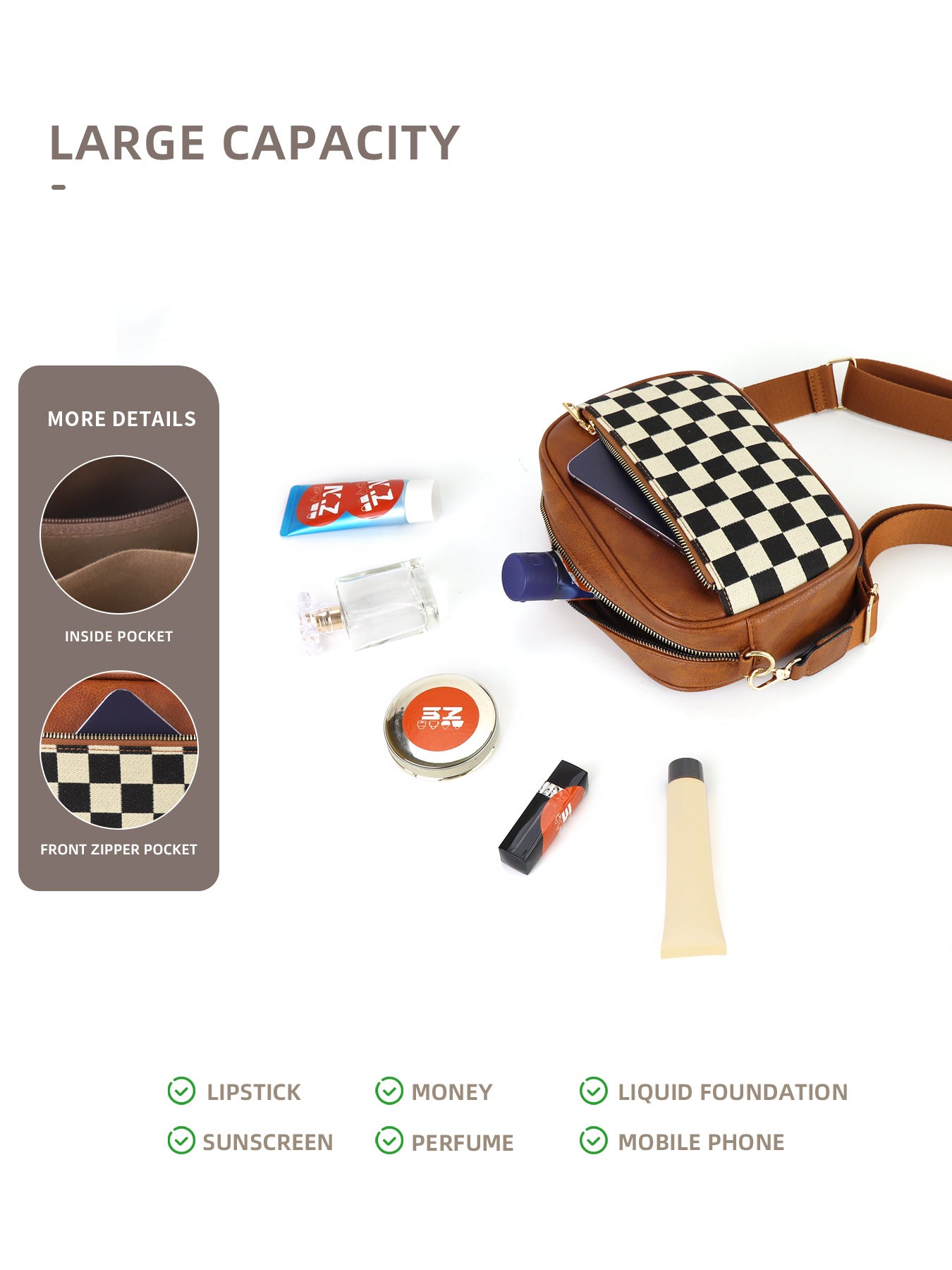 Brown Stylish Checkerboard Crossbody Camera Bag - PU Leather with Adjustable Wide Strap - Image 4
