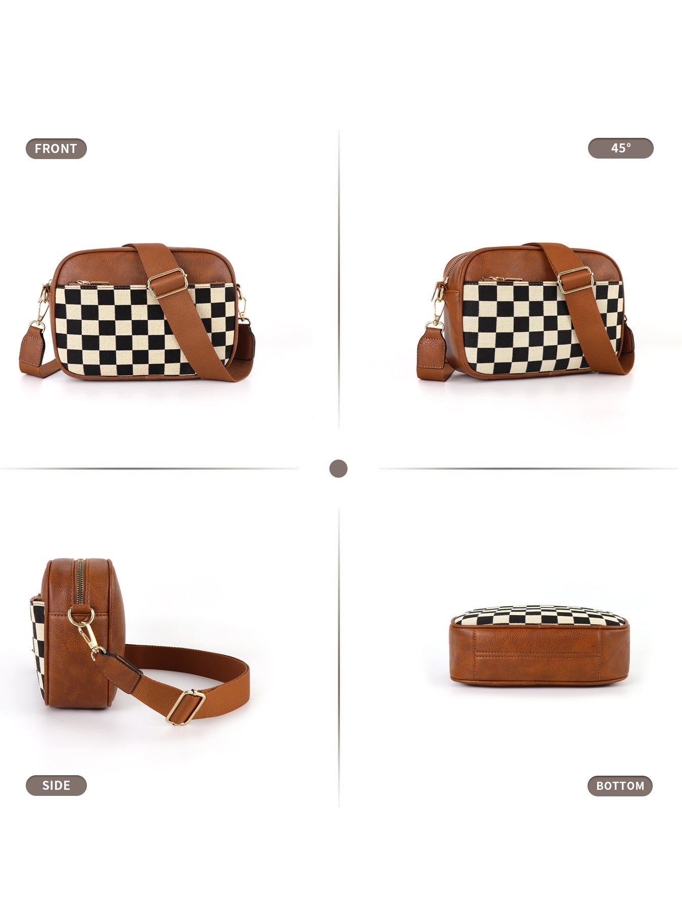 Brown Stylish Checkerboard Crossbody Camera Bag - PU Leather with Adjustable Wide Strap - Image 5