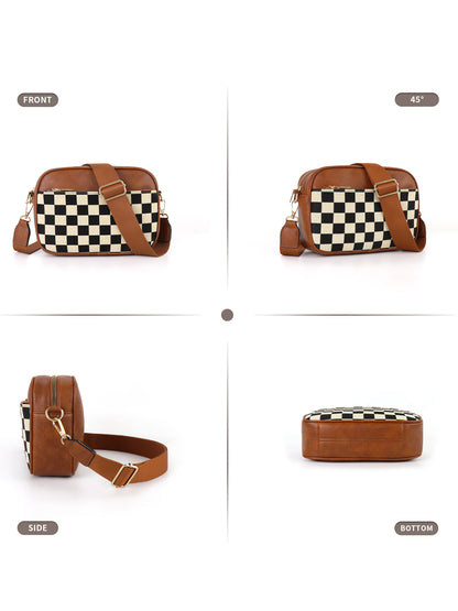 Brown Stylish Checkerboard Crossbody Camera Bag - PU Leather with Adjustable Wide Strap - Image 5