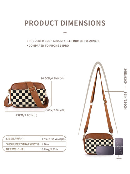 Brown Stylish Checkerboard Crossbody Camera Bag - PU Leather with Adjustable Wide Strap - Image 6