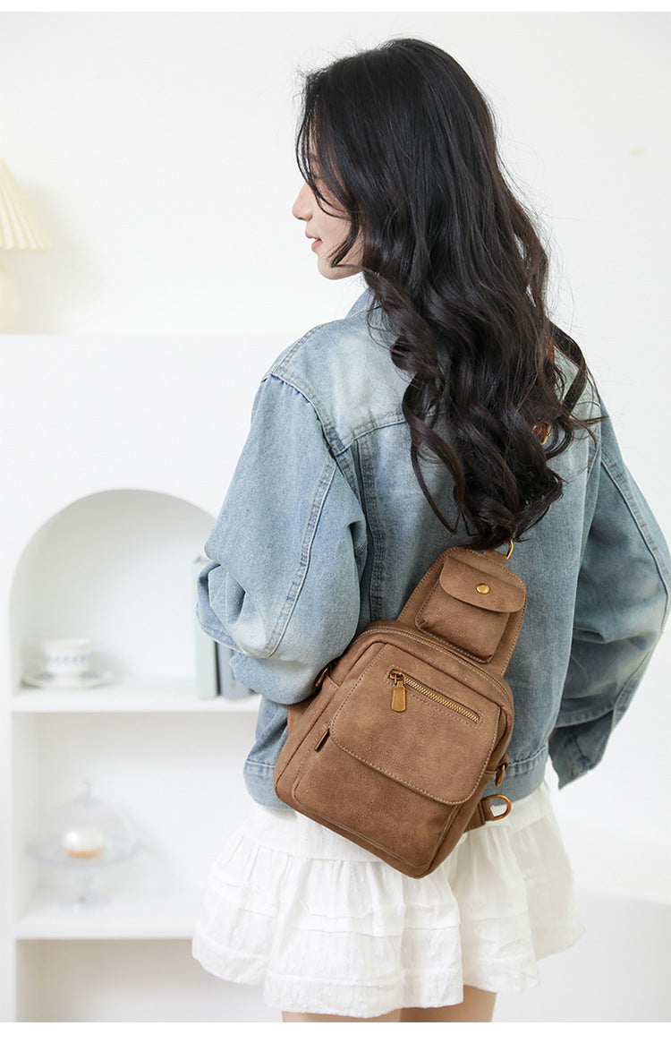 Brown Stylish PU Leather Sling Crossbody Bag for Women - Multi-Pocket Chest Pack with Adjustable Wide Strap - Image 5