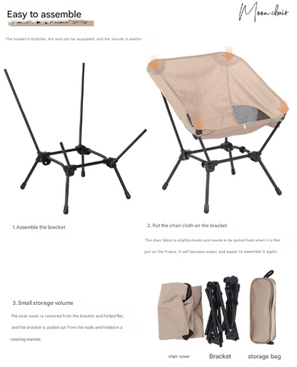 Khaki Lightweight Portable Camping Chair - Adjustable Height Folding Moon Chair with Breathable Mesh & Carry Bag for Outdoor, Beach, Fishing - Image 5