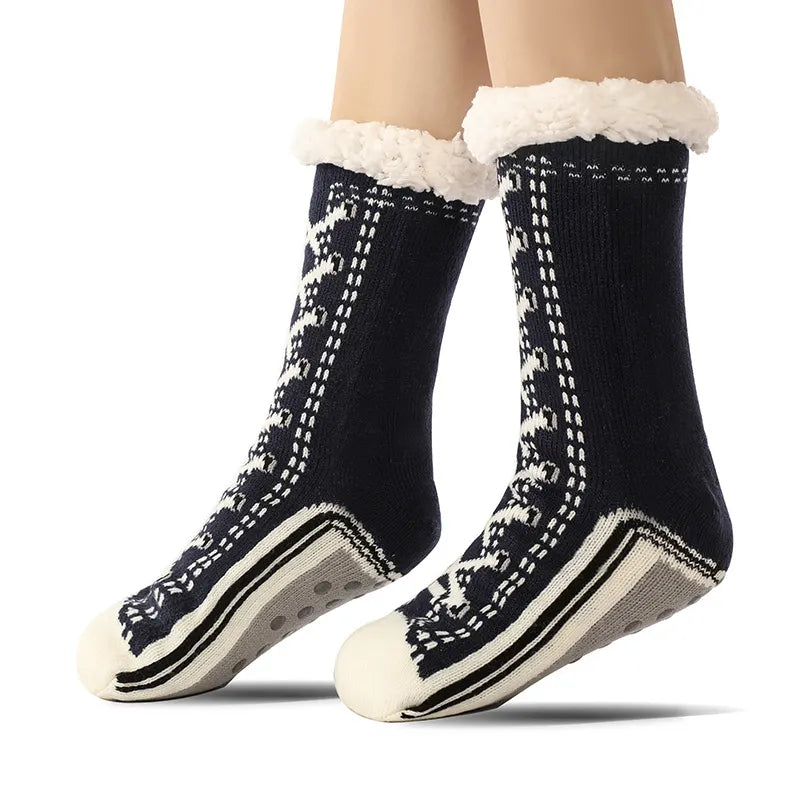 2 Pcs Black Women's Ultra Soft Sherpa Lined Slipper Socks - Cozy Warm Non-Slip Gripper Home Socks