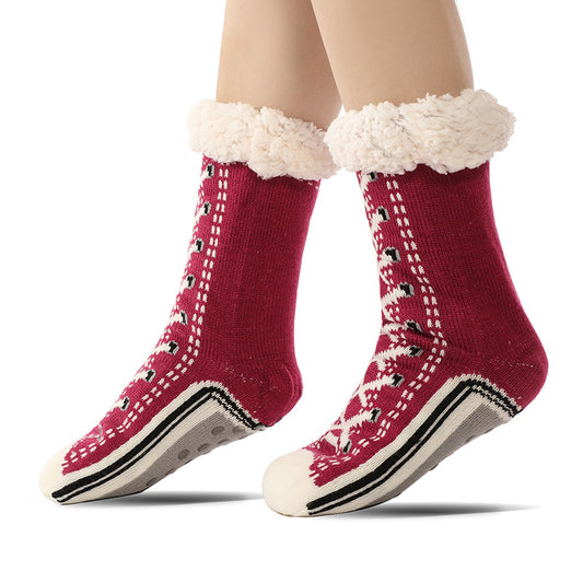 2 Pcs Red Women's Ultra Soft Sherpa Lined Slipper Socks - Cozy Warm Non-Slip Gripper Home Socks
