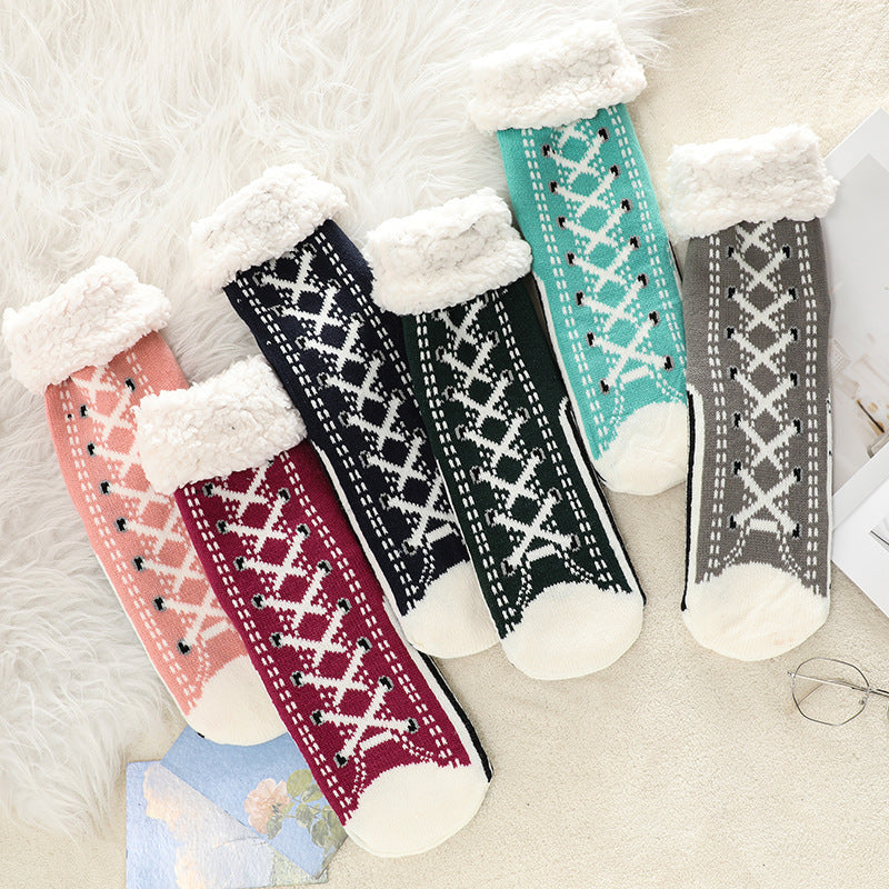 2 Pcs Red Women's Ultra Soft Sherpa Lined Slipper Socks - Cozy Warm Non-Slip Gripper Home Socks - Image 2