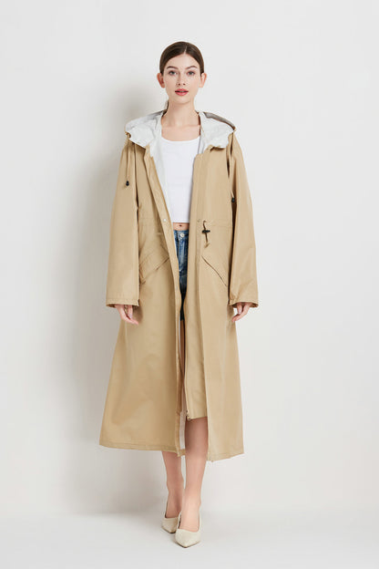 Size M Khaki Women's Chic Lightweight Waterproof Raincoat - Long Hooded Packable Rain Jacket with Pouch - Image 3