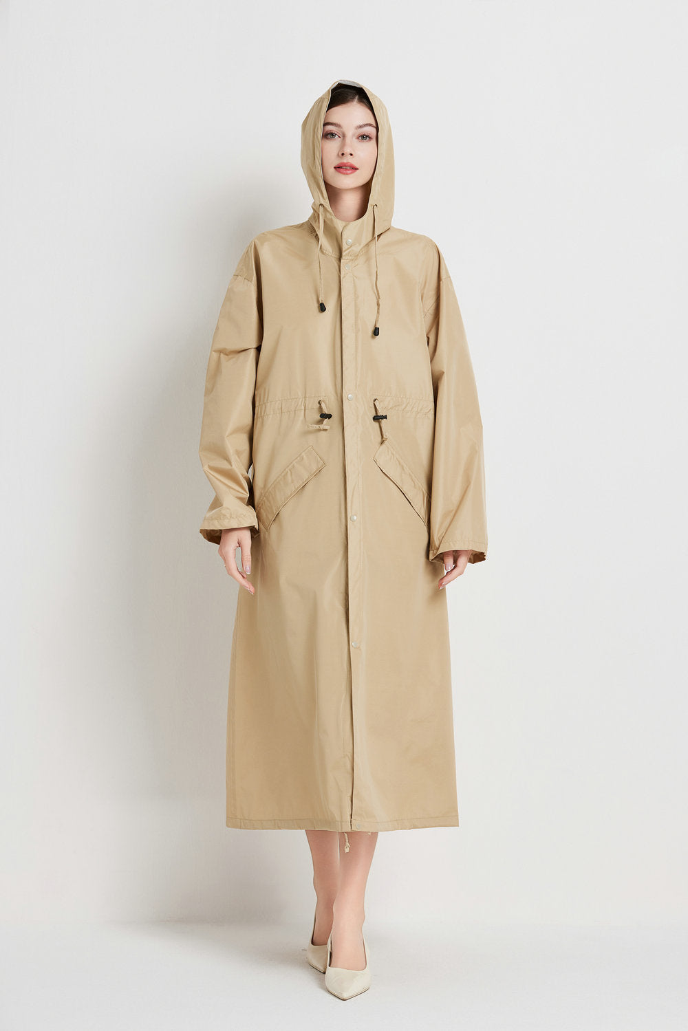 Size M Khaki Women's Chic Lightweight Waterproof Raincoat - Long Hooded Packable Rain Jacket with Pouch - Image 4