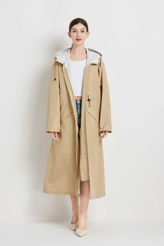Size L Khaki Women's Chic Lightweight Waterproof Raincoat - Long Hooded Packable Rain Jacket with Pouch - Image 3