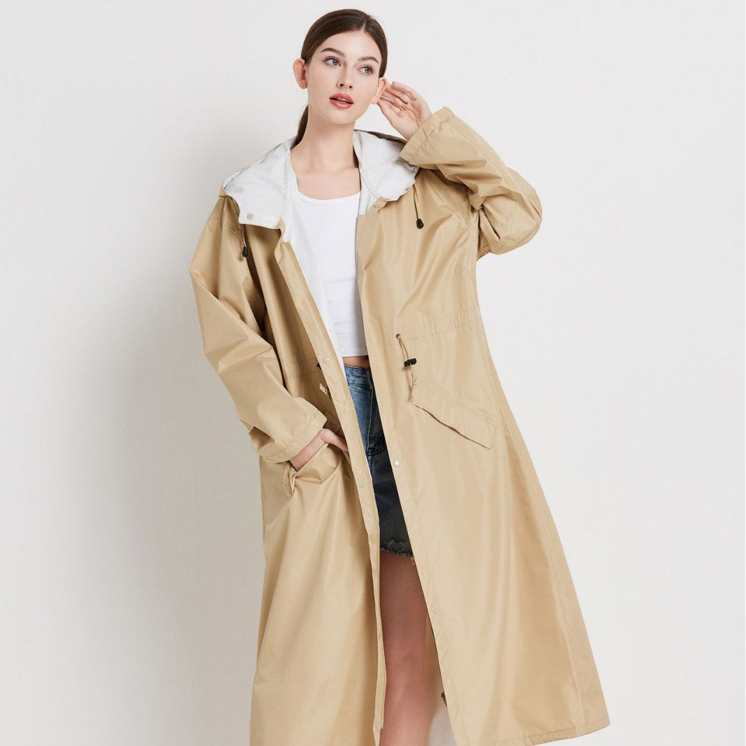 Size XL Khaki Women's Chic Lightweight Waterproof Raincoat - Long Hooded Packable Rain Jacket with Pouch - Image 2