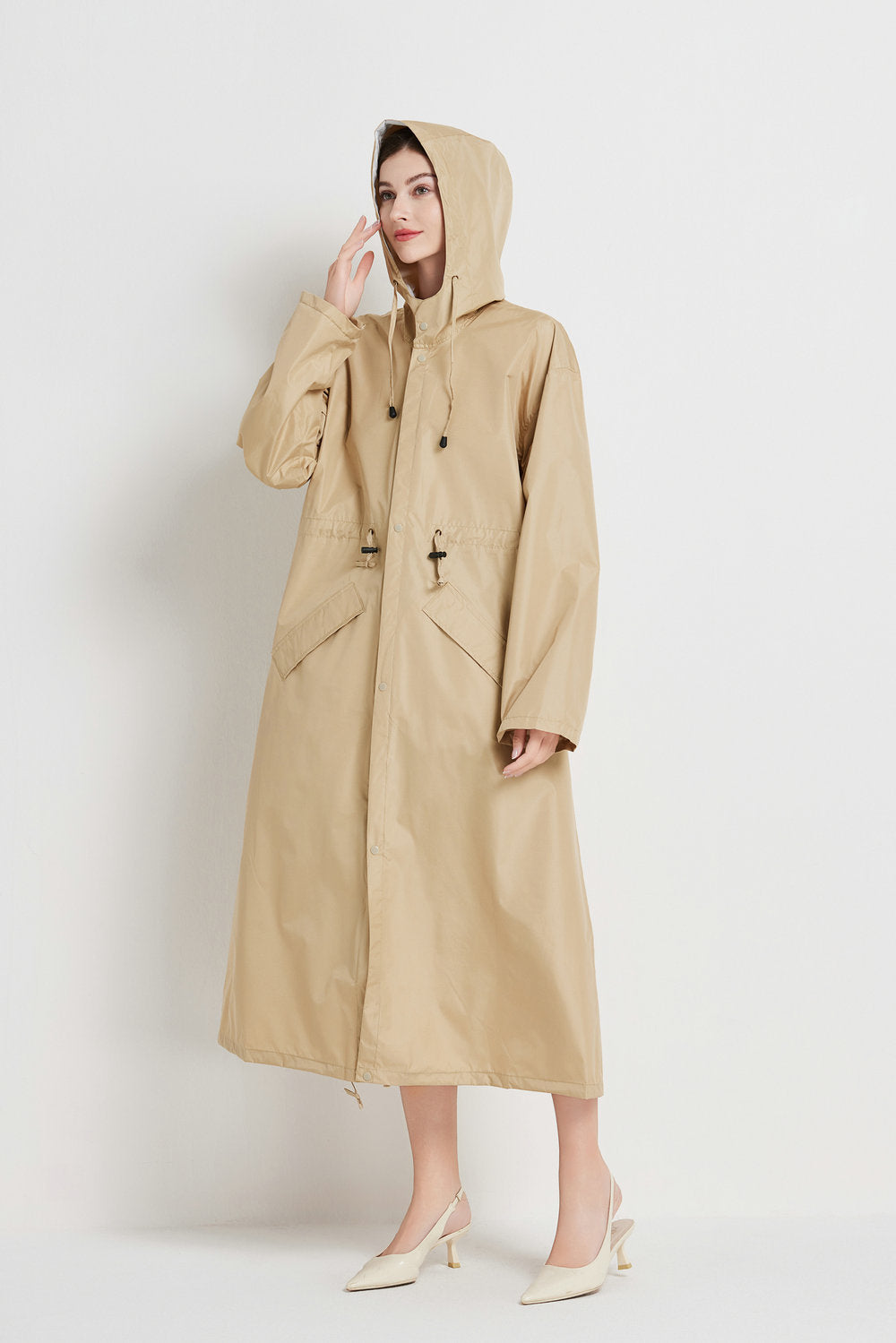 Size XL Khaki Women's Chic Lightweight Waterproof Raincoat - Long Hooded Packable Rain Jacket with Pouch - Image 5