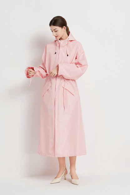 Size M Pink Women's Chic Lightweight Waterproof Raincoat - Long Hooded Packable Rain Jacket with Pouch - Image 3