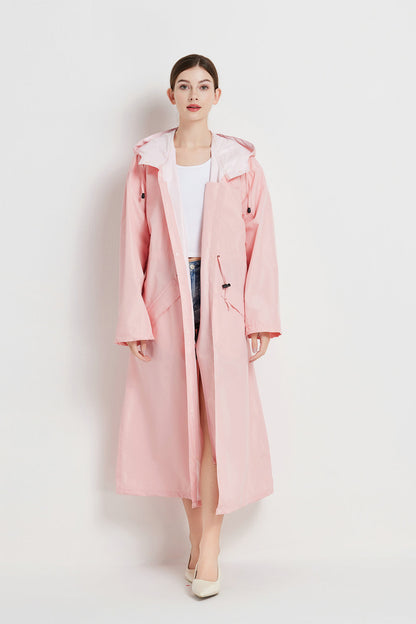 Size M Pink Women's Chic Lightweight Waterproof Raincoat - Long Hooded Packable Rain Jacket with Pouch - Image 4