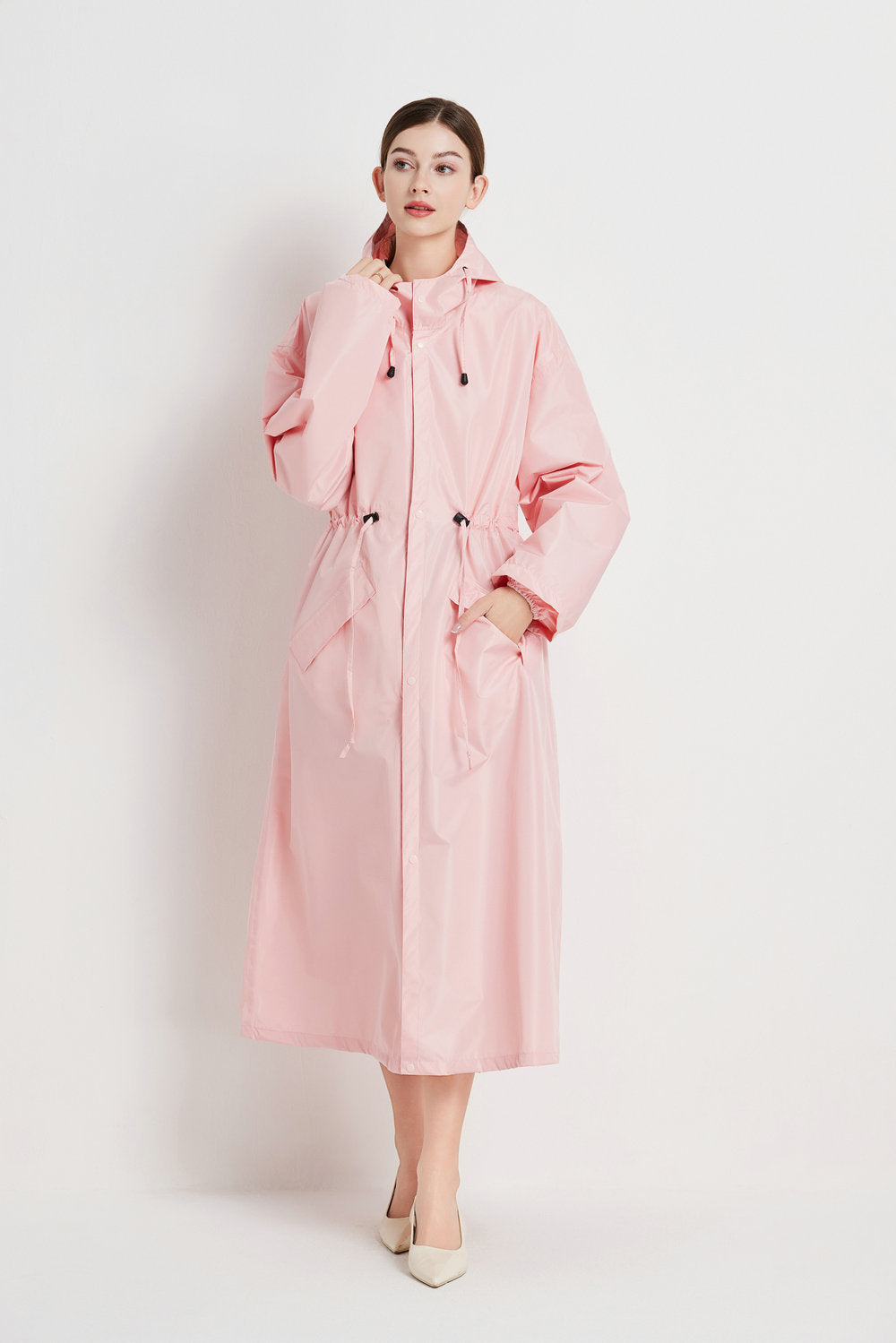 Size XL Pink Women's Chic Lightweight Waterproof Raincoat - Long Hooded Packable Rain Jacket with Pouch - Image 2