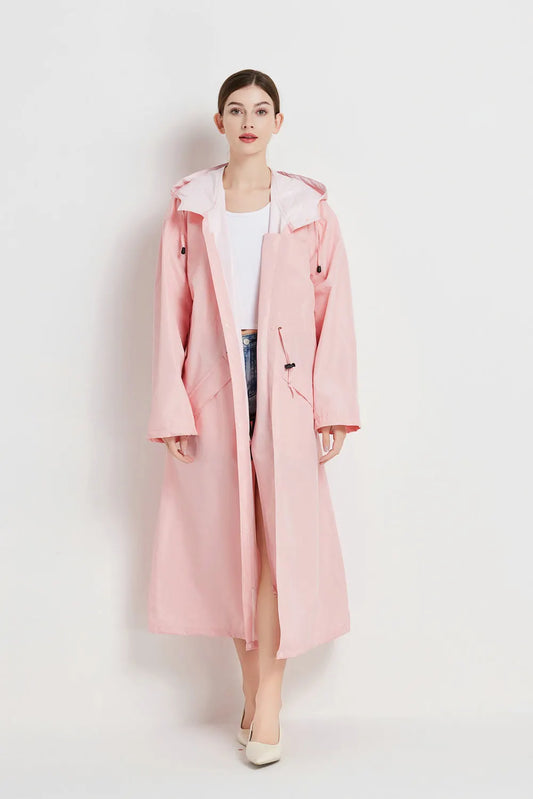 Size XL Pink Women's Chic Lightweight Waterproof Raincoat - Long Hooded Packable Rain Jacket with Pouch - Image 4