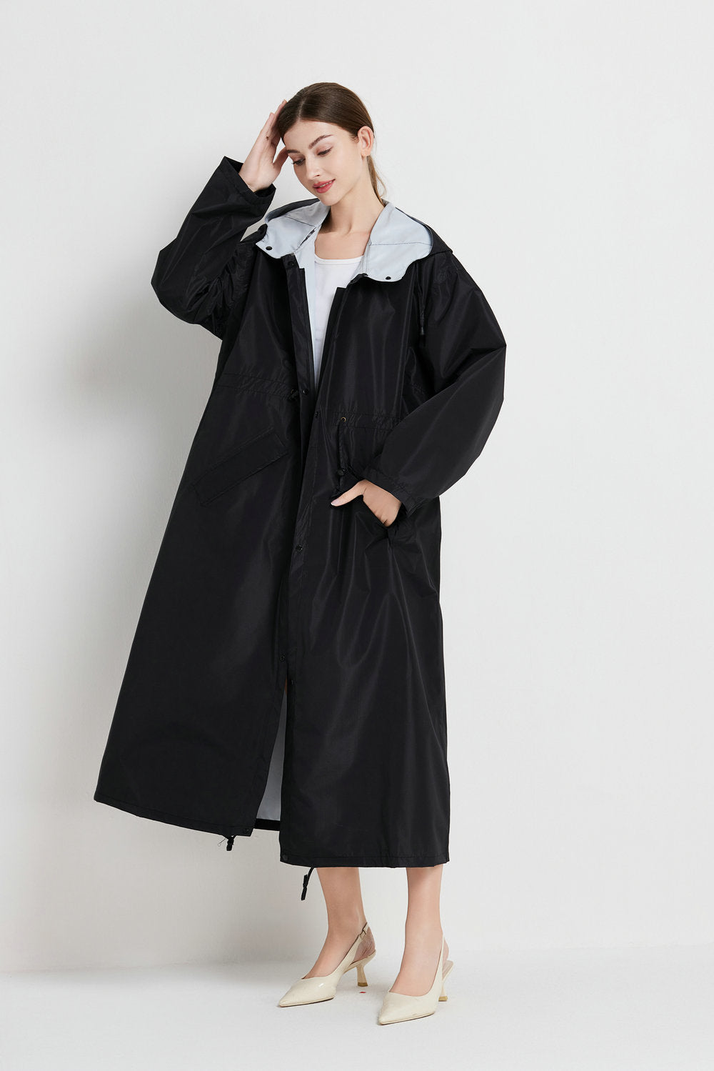 Size M Black Women's Chic Lightweight Waterproof Raincoat - Long Hooded Packable Rain Jacket with Pouch - Image 3