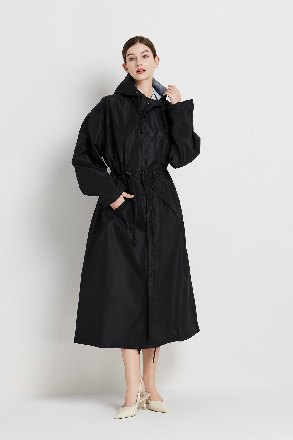 Size M Black Women's Chic Lightweight Waterproof Raincoat - Long Hooded Packable Rain Jacket with Pouch - Image 4