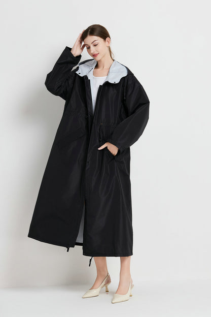 Size L Black Women's Chic Lightweight Waterproof Raincoat - Long Hooded Packable Rain Jacket with Pouch - Image 3