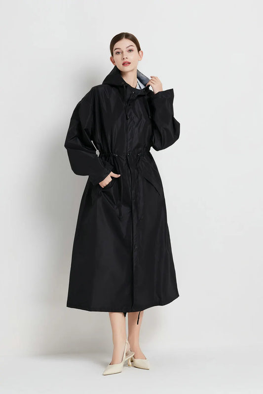 Size L Black Women's Chic Lightweight Waterproof Raincoat - Long Hooded Packable Rain Jacket with Pouch - Image 4