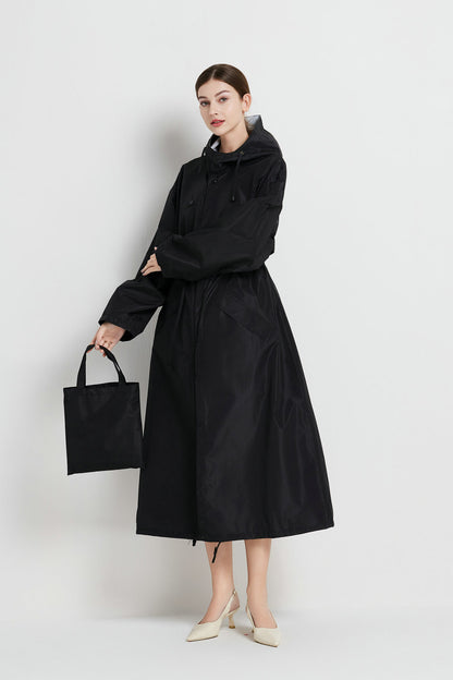Size L Black Women's Chic Lightweight Waterproof Raincoat - Long Hooded Packable Rain Jacket with Pouch - Image 5