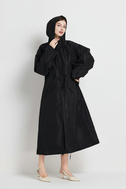 Size XL Black Women's Chic Lightweight Waterproof Raincoat - Long Hooded Packable Rain Jacket with Pouch - Image 2