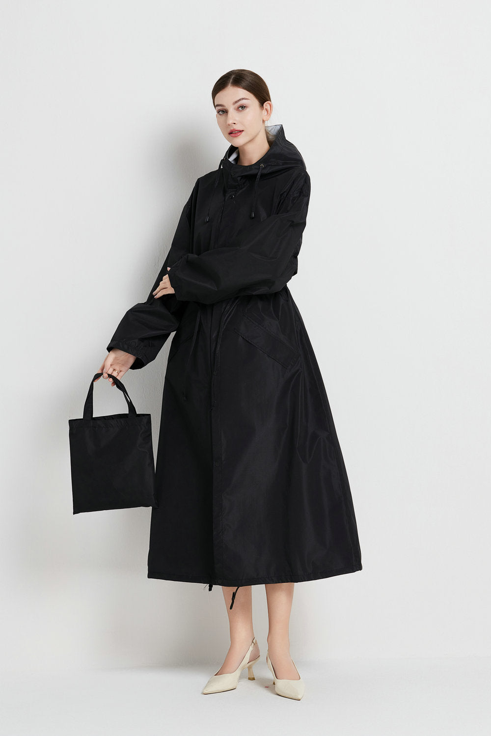 Size XL Black Women's Chic Lightweight Waterproof Raincoat - Long Hooded Packable Rain Jacket with Pouch - Image 5