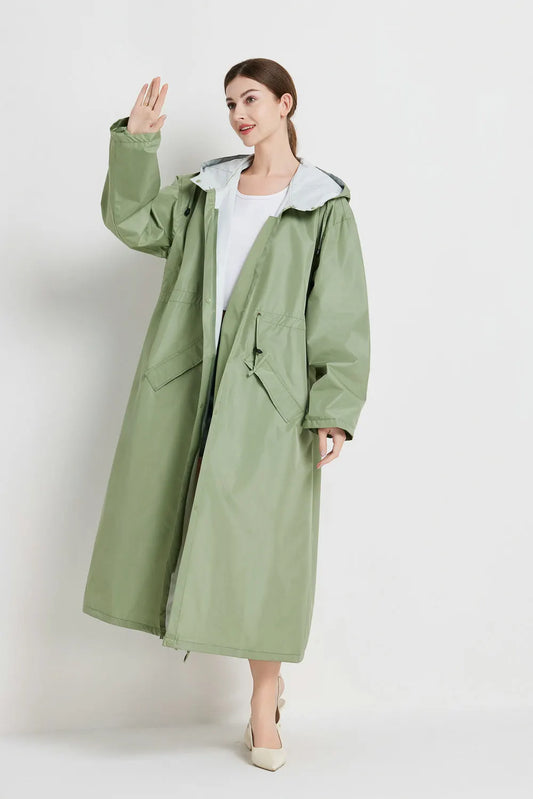 Size M Green Women's Chic Lightweight Waterproof Raincoat - Long Hooded Packable Rain Jacket with Pouch - Image 2
