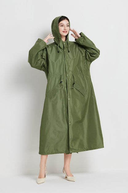 Size L Green Women's Chic Lightweight Waterproof Raincoat - Long Hooded Packable Rain Jacket with Pouch - Image 3