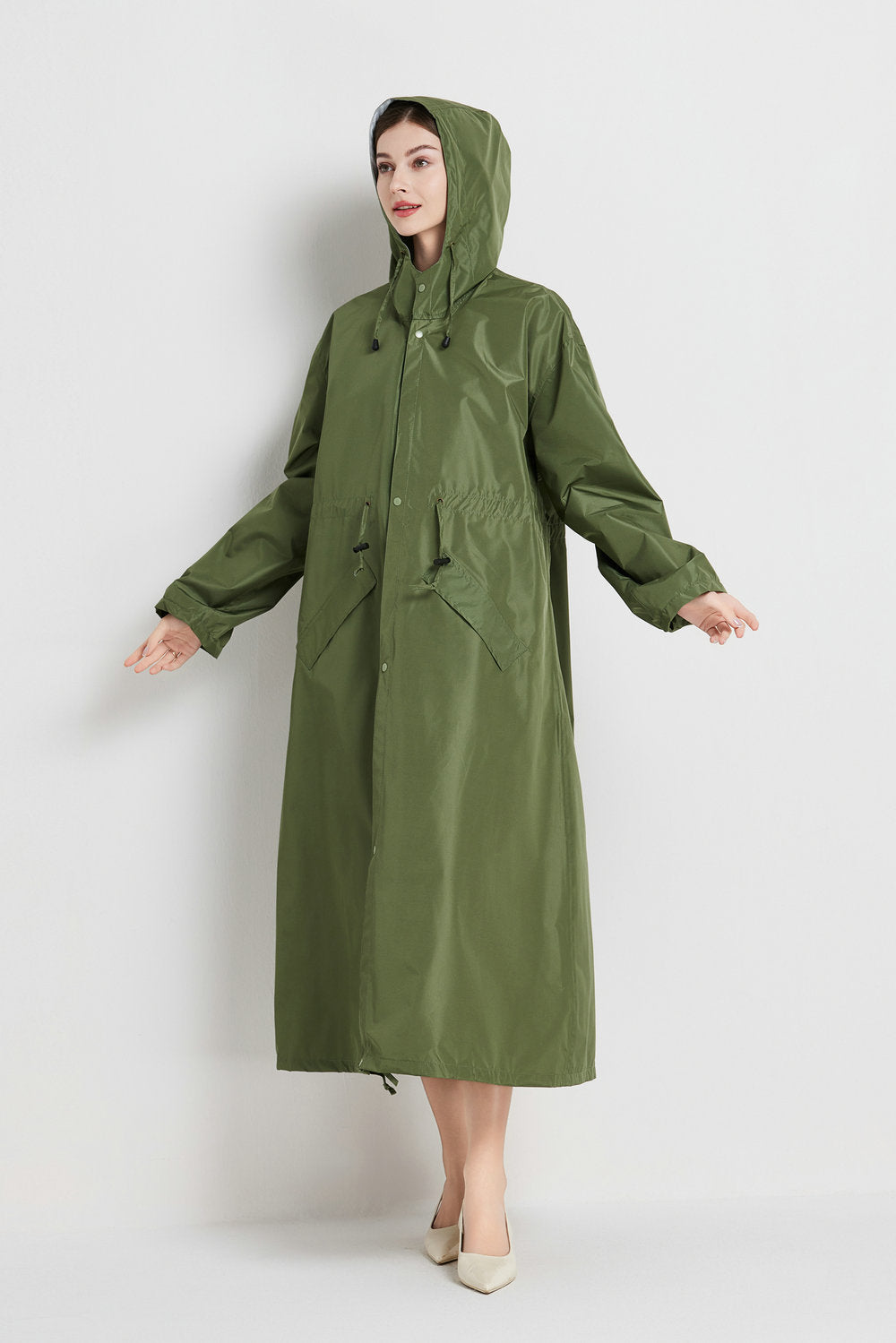 Size L Green Women's Chic Lightweight Waterproof Raincoat - Long Hooded Packable Rain Jacket with Pouch - Image 4