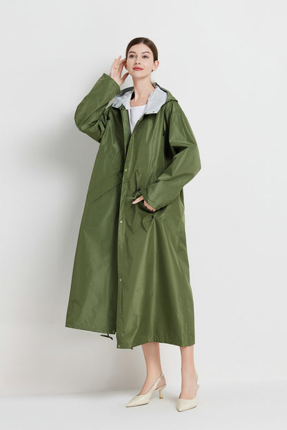 Size L Green Women's Chic Lightweight Waterproof Raincoat - Long Hooded Packable Rain Jacket with Pouch - Image 5
