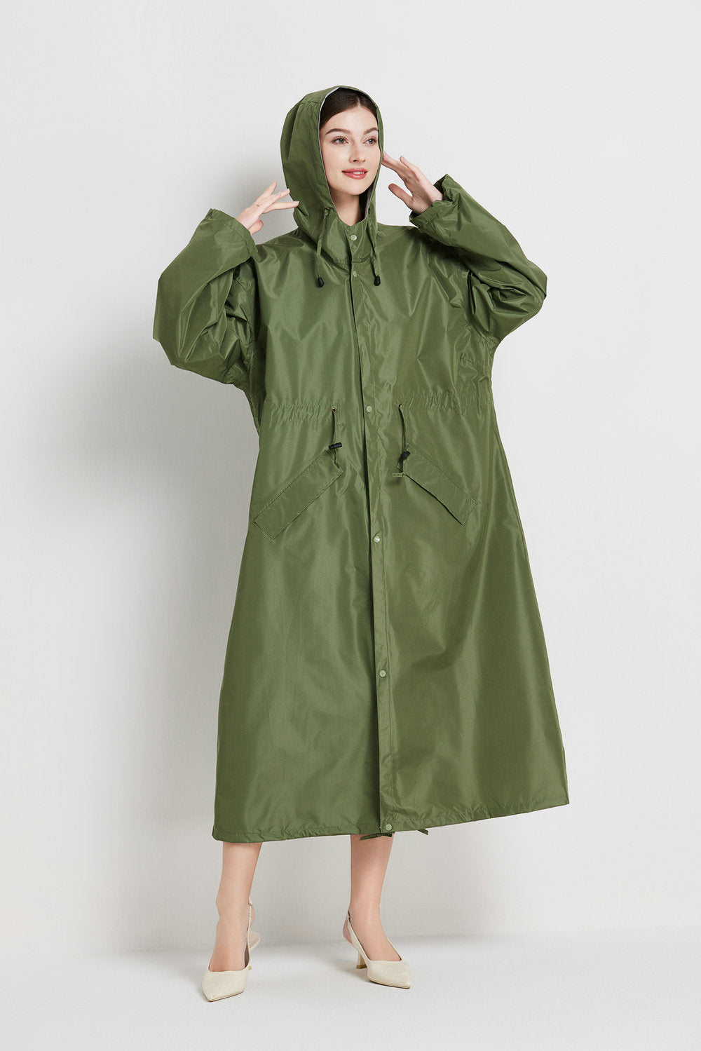 Size XL Green Women's Chic Lightweight Waterproof Raincoat - Long Hooded Packable Rain Jacket with Pouch - Image 3