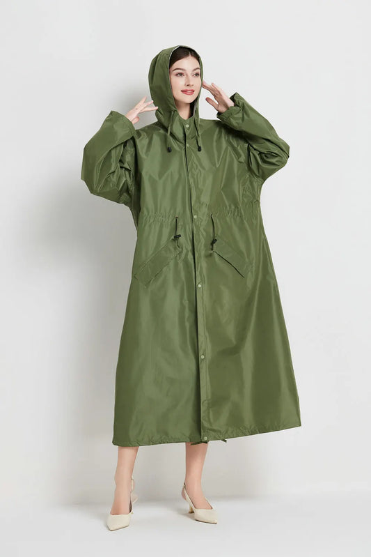 Size XL Green Women's Chic Lightweight Waterproof Raincoat - Long Hooded Packable Rain Jacket with Pouch - Image 3