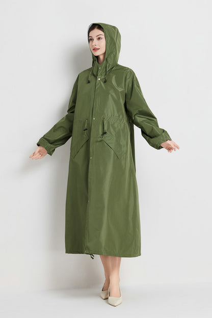 Size XL Green Women's Chic Lightweight Waterproof Raincoat - Long Hooded Packable Rain Jacket with Pouch - Image 4