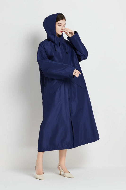 Size XL Dark Blue Women's Chic Lightweight Waterproof Raincoat - Long Hooded Packable Rain Jacket with Pouch - Image 2