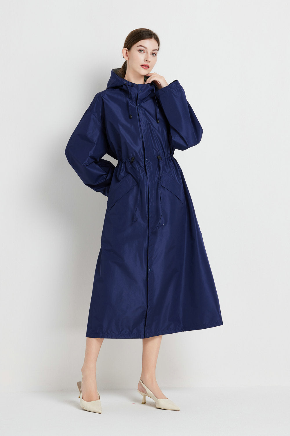 Size XL Dark Blue Women's Chic Lightweight Waterproof Raincoat - Long Hooded Packable Rain Jacket with Pouch - Image 3
