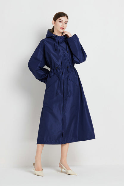 Size XL Dark Blue Women's Chic Lightweight Waterproof Raincoat - Long Hooded Packable Rain Jacket with Pouch - Image 3