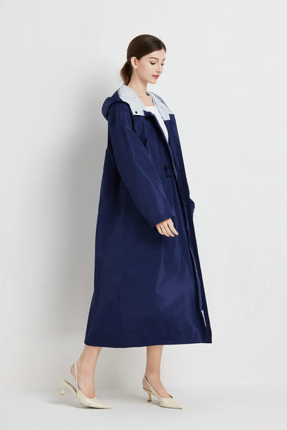 Size XL Dark Blue Women's Chic Lightweight Waterproof Raincoat - Long Hooded Packable Rain Jacket with Pouch - Image 5