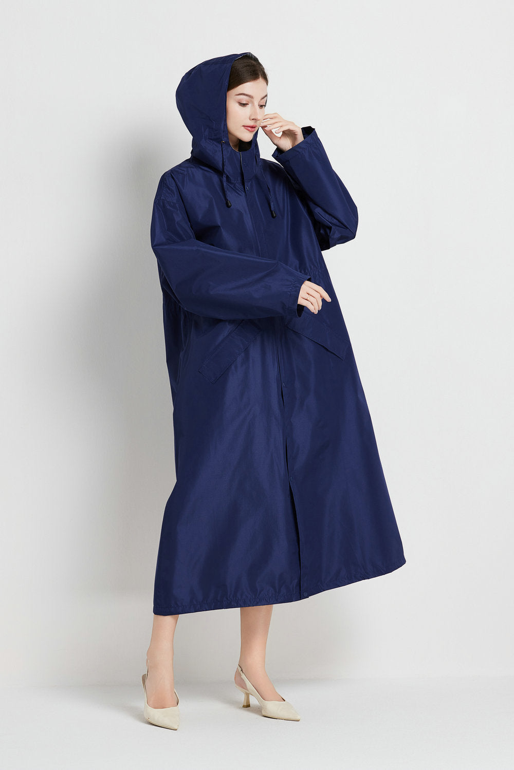 Size L Dark Blue Women's Chic Lightweight Waterproof Raincoat - Long Hooded Packable Rain Jacket with Pouch - Image 2
