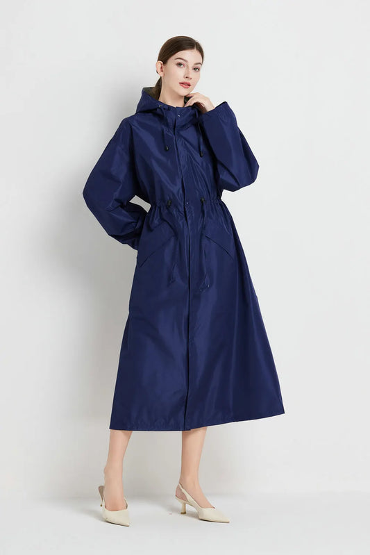 Size L Dark Blue Women's Chic Lightweight Waterproof Raincoat - Long Hooded Packable Rain Jacket with Pouch - Image 3
