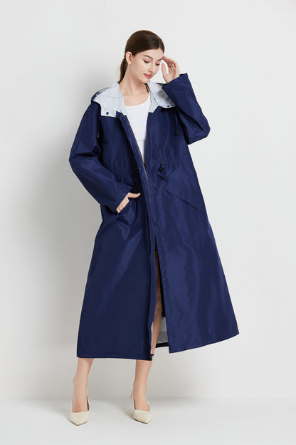 Size L Dark Blue Women's Chic Lightweight Waterproof Raincoat - Long Hooded Packable Rain Jacket with Pouch - Image 4