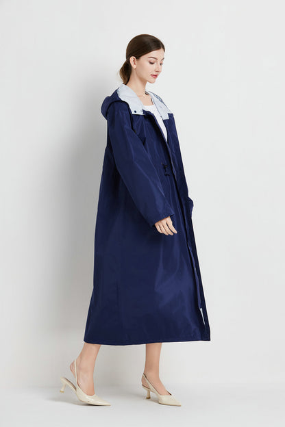 Size L Dark Blue Women's Chic Lightweight Waterproof Raincoat - Long Hooded Packable Rain Jacket with Pouch - Image 5