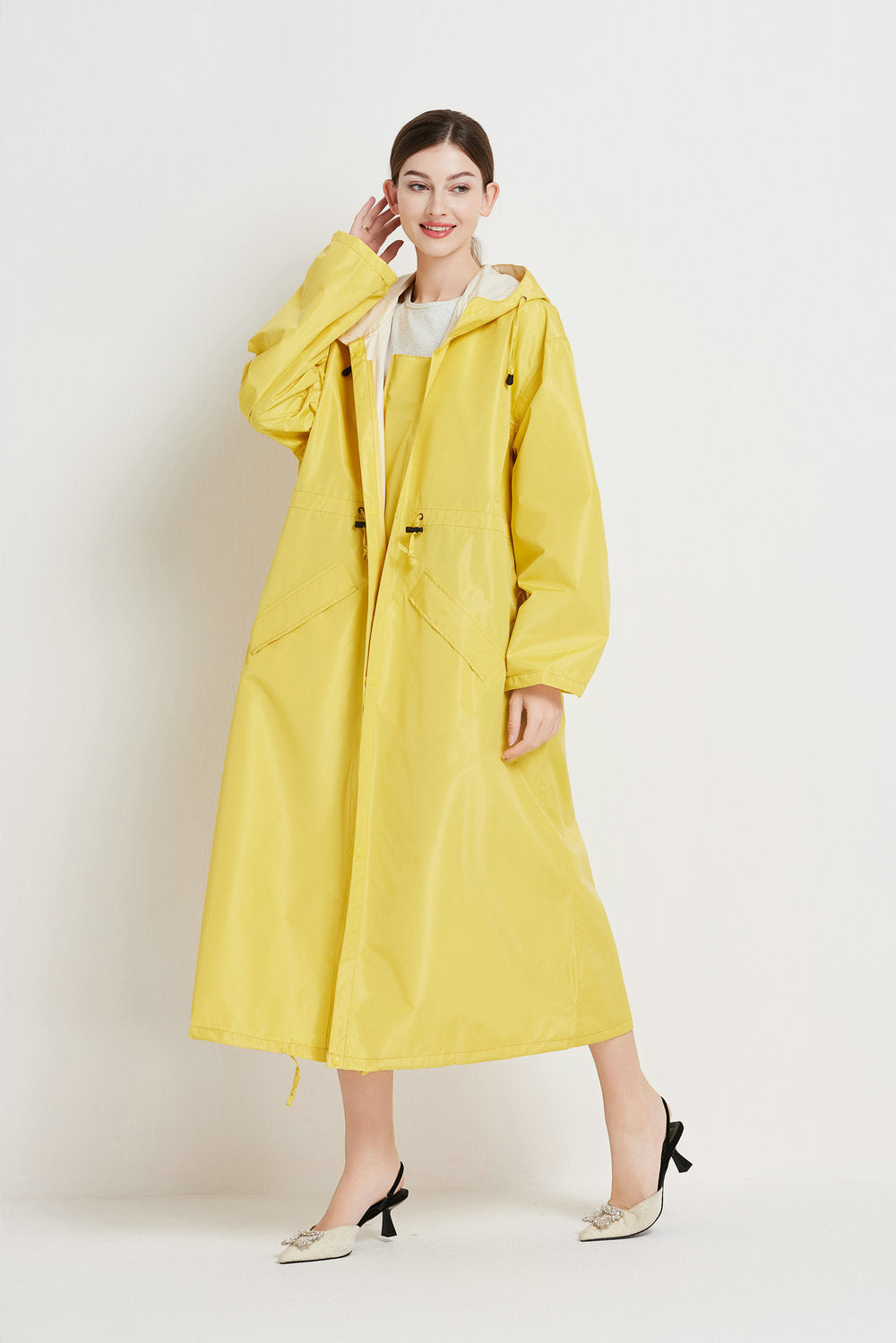 Size M Yellow Women's Chic Lightweight Waterproof Raincoat - Long Hooded Packable Rain Jacket with Pouch - Image 3