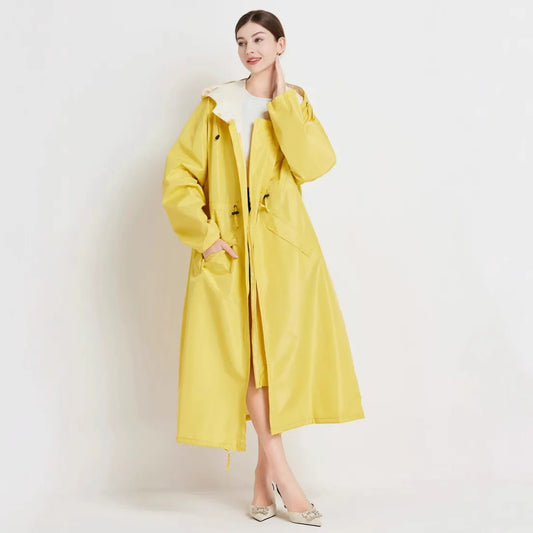 Size M Yellow Women's Chic Lightweight Waterproof Raincoat - Long Hooded Packable Rain Jacket with Pouch - Image 5